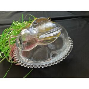 Vintage Indiana Glass Bunny on Nest Clear Pressed Rabbit Candy Dish Easter Decor
